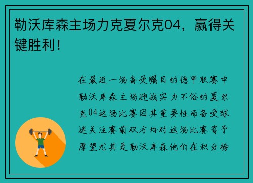 勒沃库森主场力克夏尔克04，赢得关键胜利！